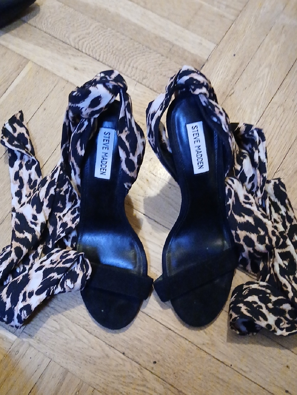 Steve Madden Black Suede Open-Toe Heels with Leopard-Print Wrap